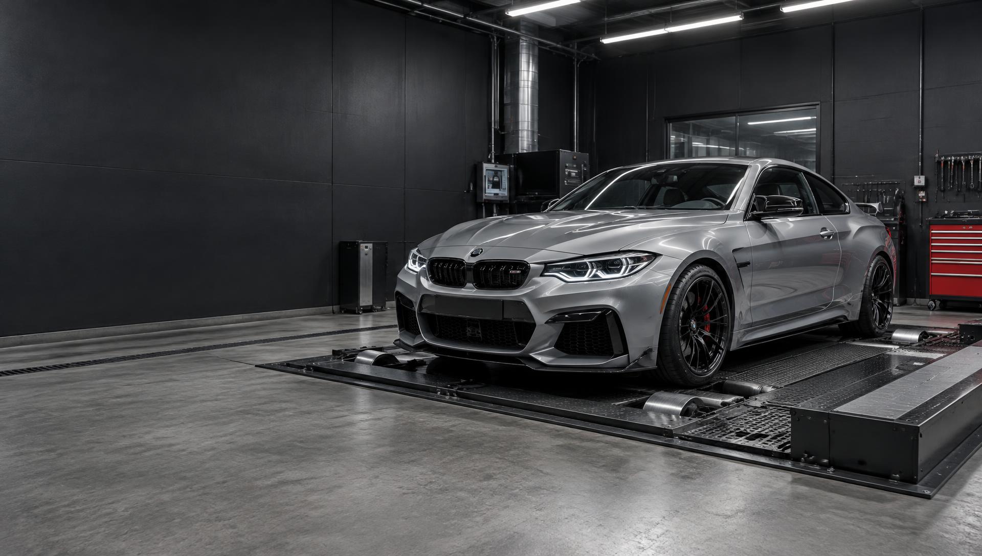 Illustrative Werkstattszene mit einem Sportcoupé auf dem Leistungsprüfstand